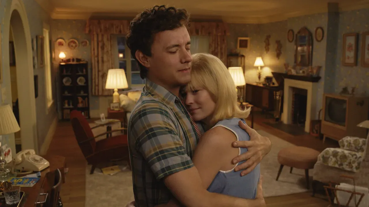Tom Hanks and Robin Wright hug in the film Here